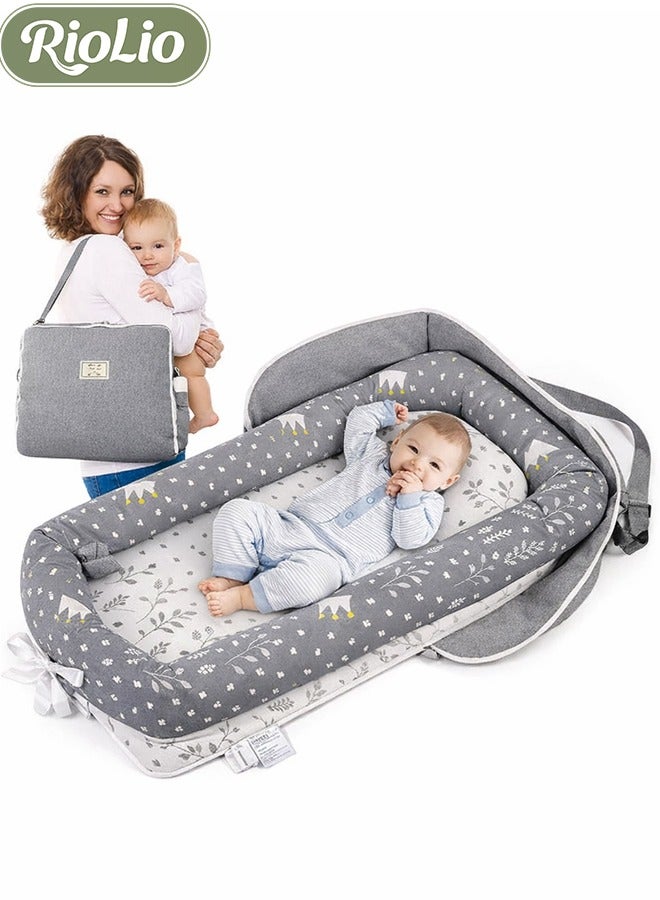 ريوليو سرير طفل محمول وقابل للطي من القطن مع وسادة – سرير مهد قابل للطي، وسادة استلقاء للأطفال، سرير سفر للرضع وحديثي الولادة، عش طفل محمول، فراش طفل متنقل. - Image 1